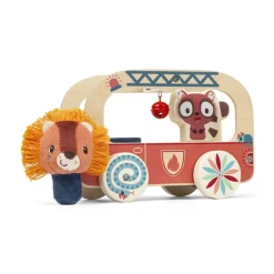 Jouet en bois à tirer camion de pompier jack le lion
