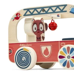 Jouet en bois à tirer camion de pompier jack le lion