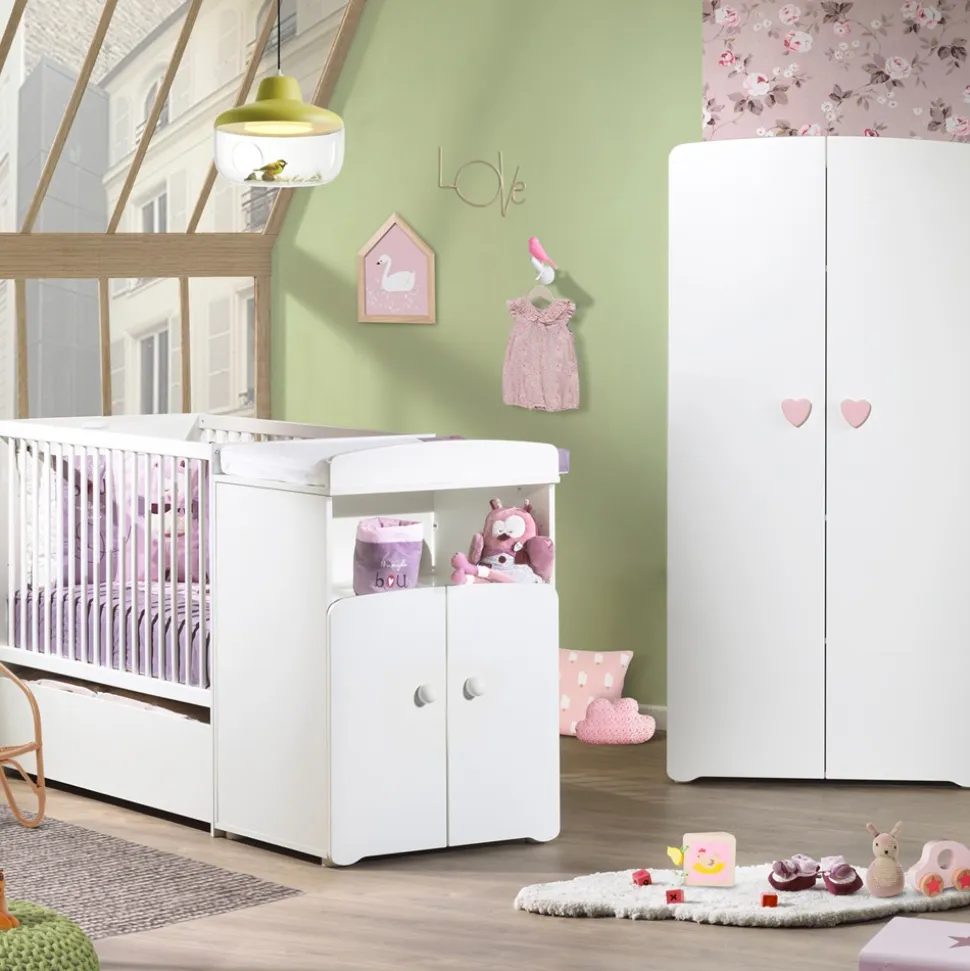 Lit bébé combiné évolutif 60x120 en 90x190 boutons boule blanc