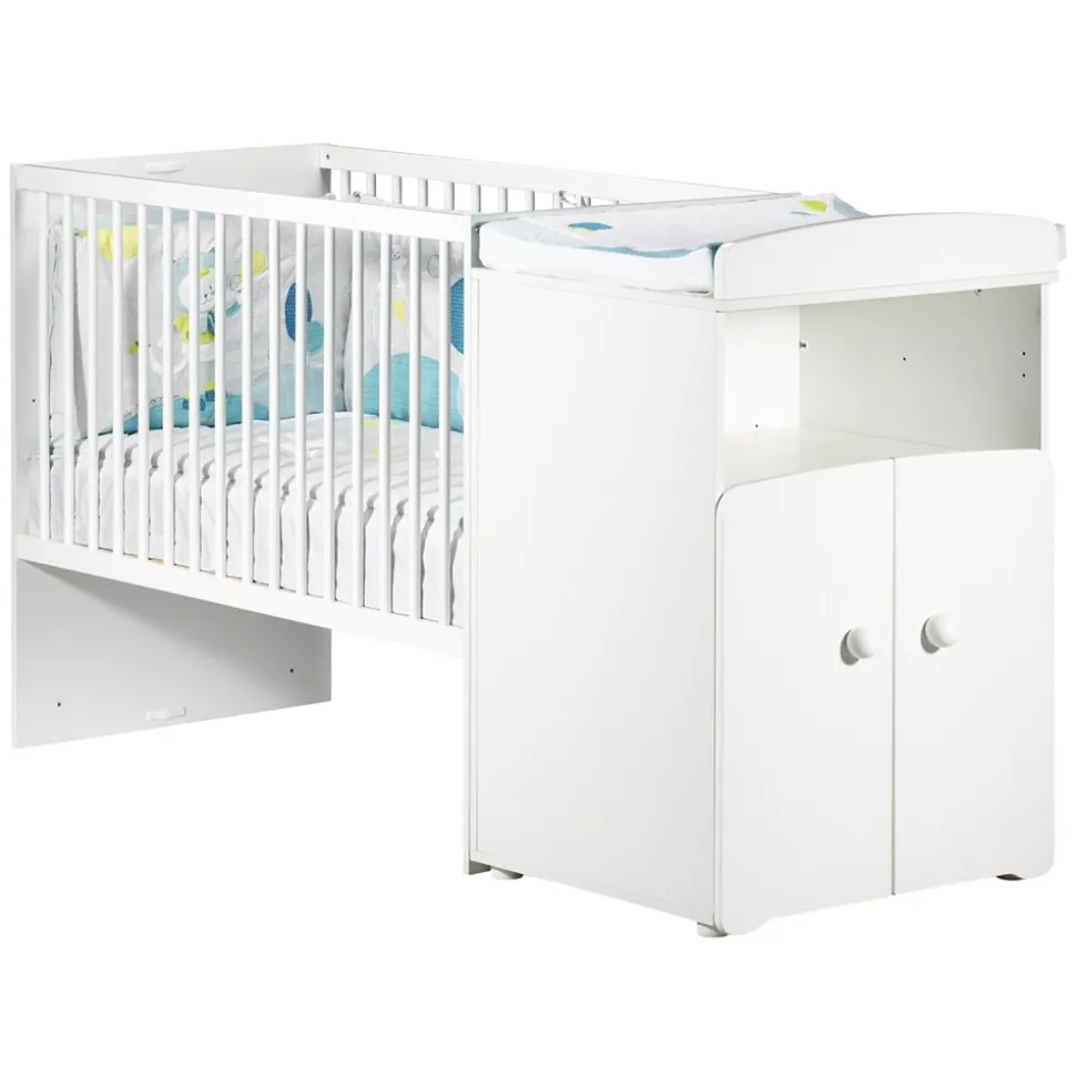 Lit bébé combiné évolutif 60x120 en 90x190 boutons boule blanc