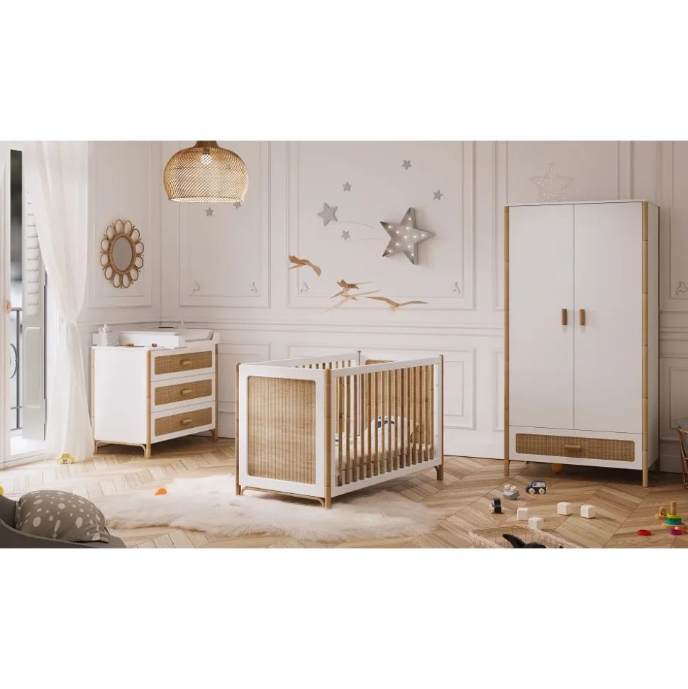 Lit bébé évolutif océania cannes de rotin 60x120 cm neige