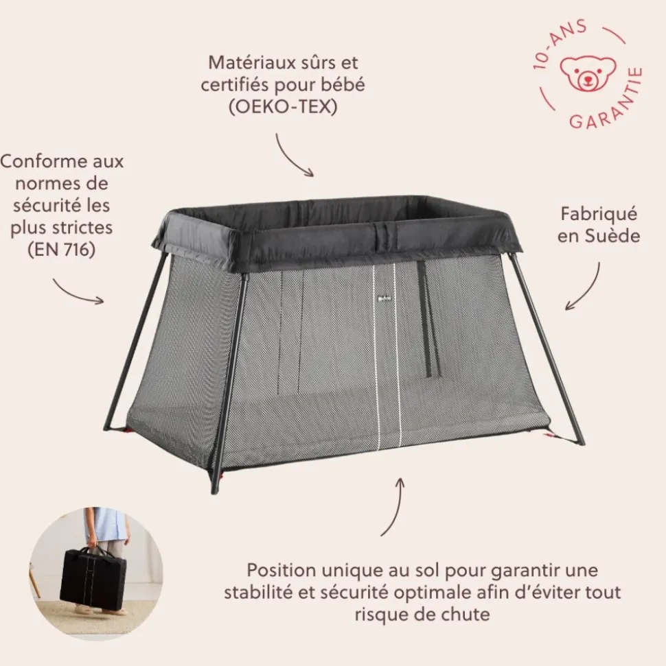 Lit parapluie light babybjorn noir avec drap housse blanc pur organic