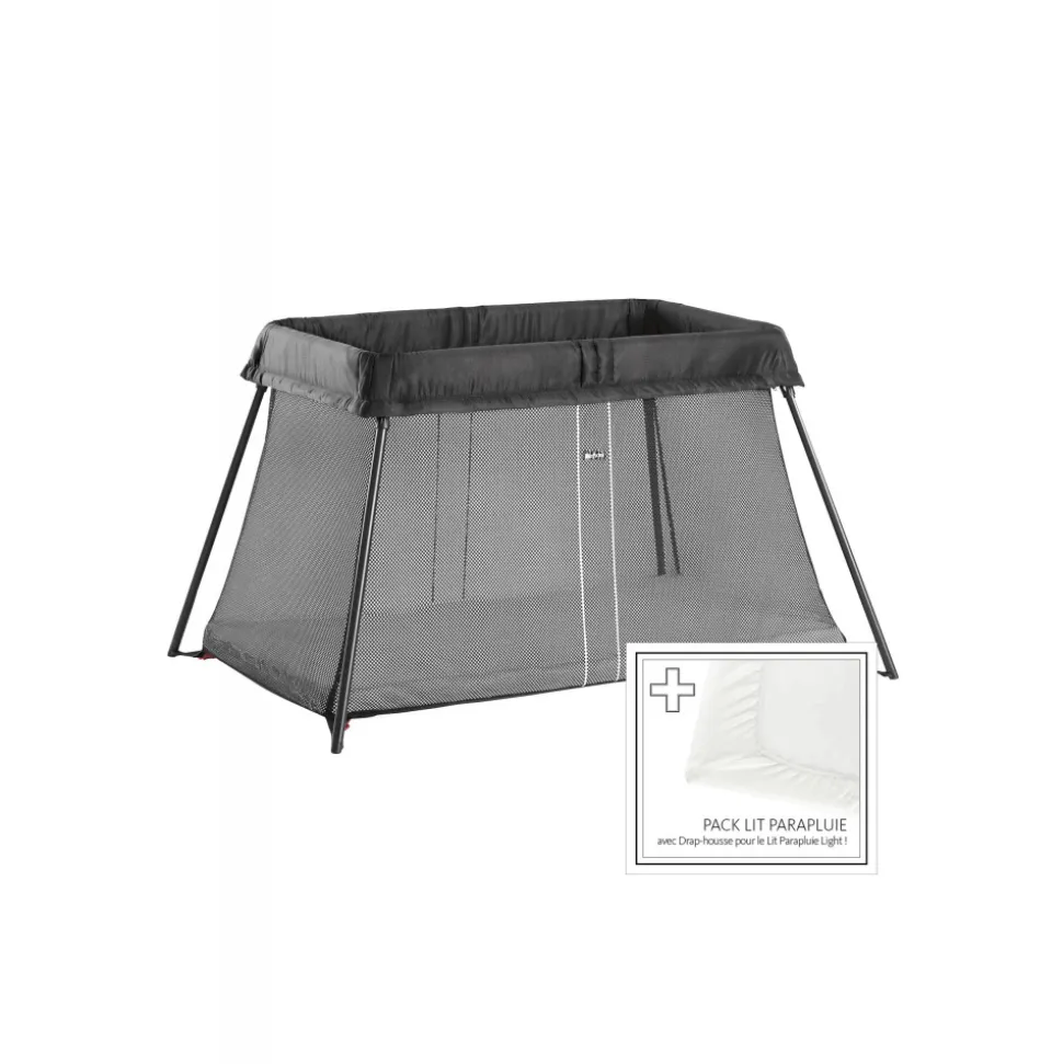 Lit parapluie light babybjorn noir avec drap housse blanc pur organic