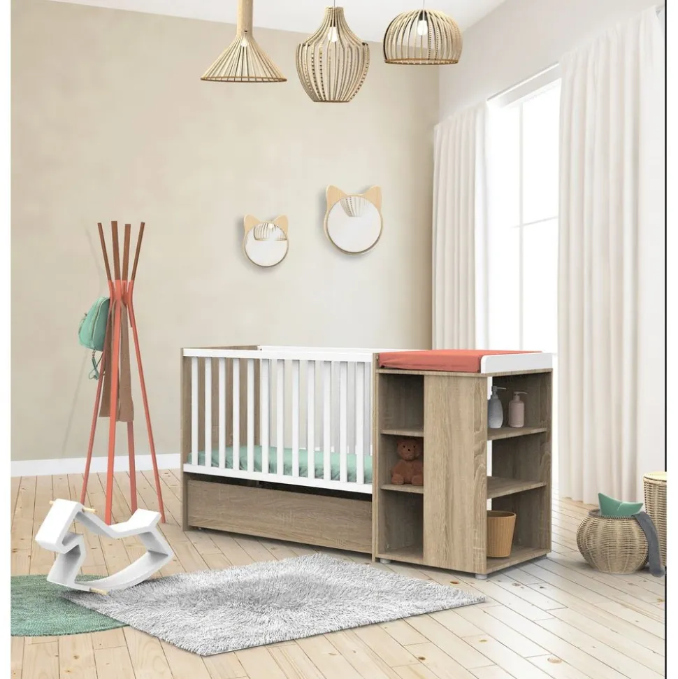 Lit évolutif bébé combiné 60x120 cm en 90x190 cm + tiroir de lit nova blanc lin