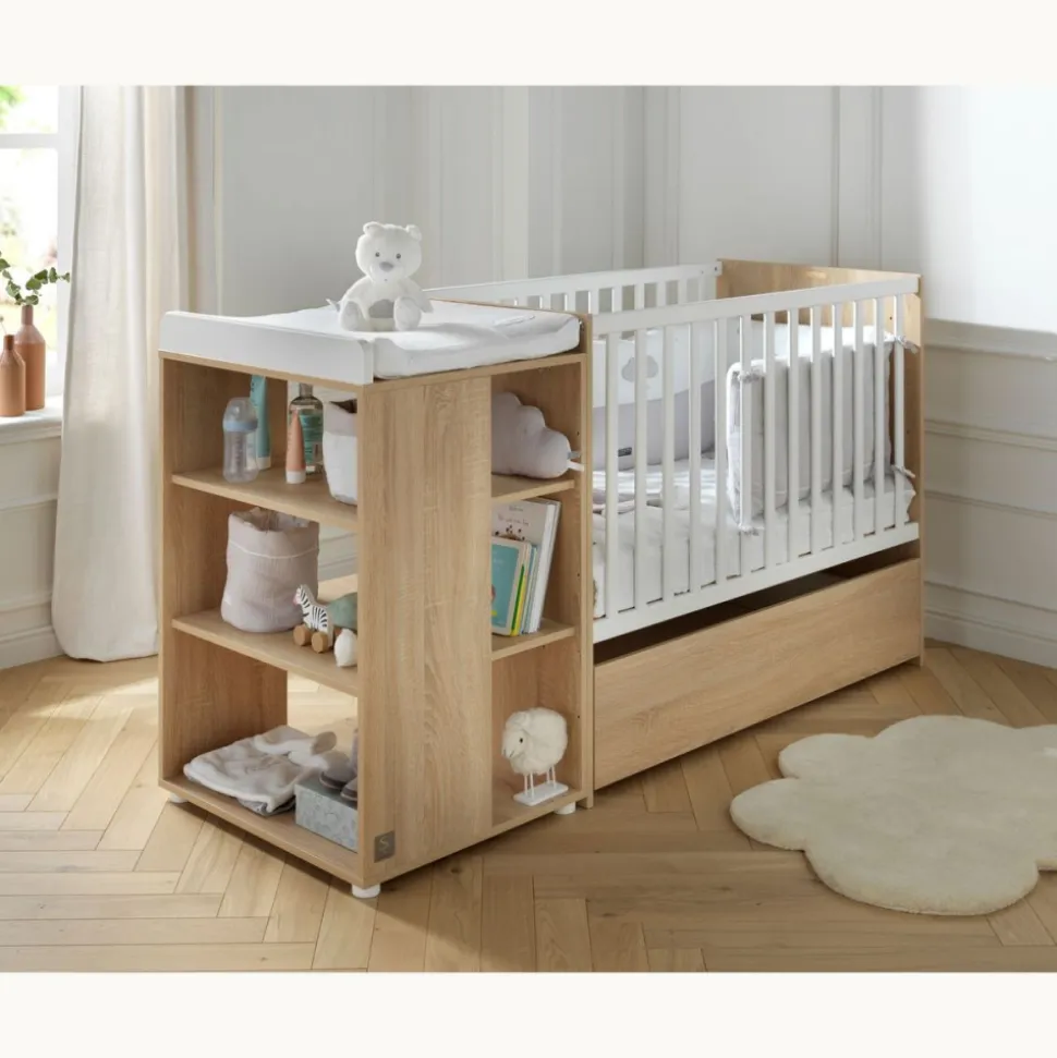 Lit évolutif bébé combiné 60x120 cm en 90x190 cm + tiroir de lit nova blanc lin