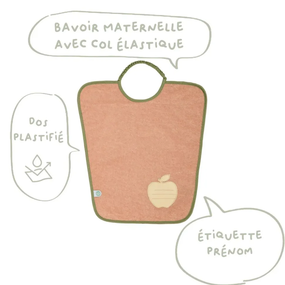 Lot de 2 bavoirs maternelle poire/pomme - je m'appelle - 35x38cm - fermeture élastiquée