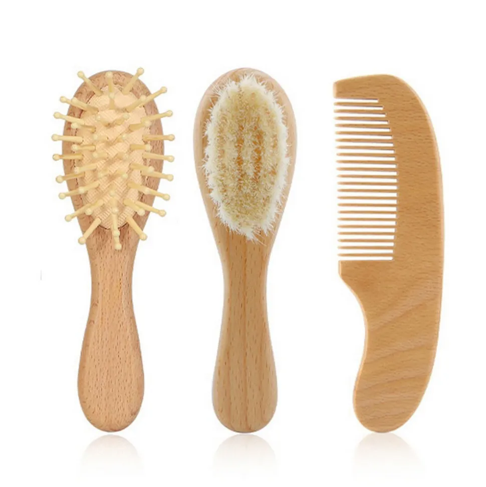 Lot de 3 brosses de soins pour bébés en bois naturel