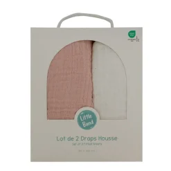 Lot de 2 draps housse double gaze 70 x 140 cm - ecru / vieux rose
