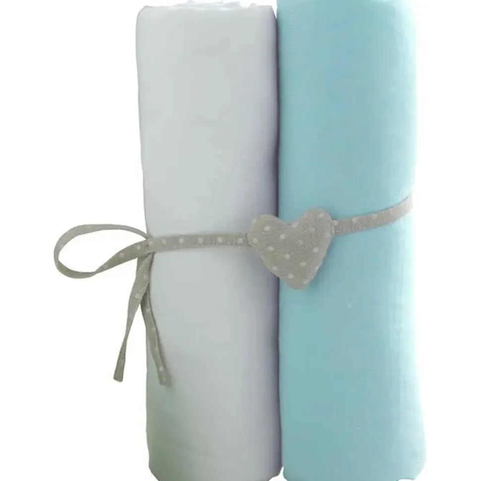 Lot de 2 draps housse 60x120 cm turquoise / blanc