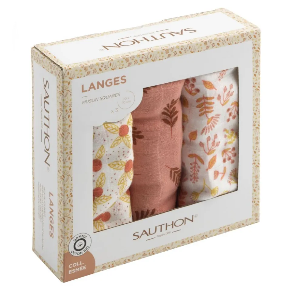 Lot de 3 langes coton bio 70 x 70 esmée
