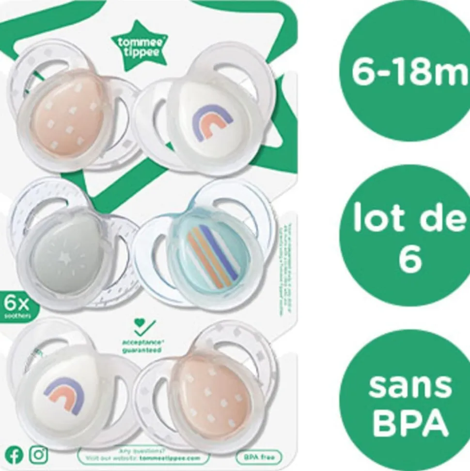 Lot de 6 sucettes nuit closer to nature classique 6-18 mois garçon