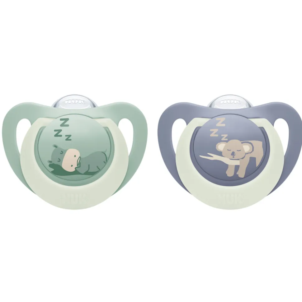 Lot de 2 sucettes nuit phosphorescentes first choice 18-36 mois hippo/koala