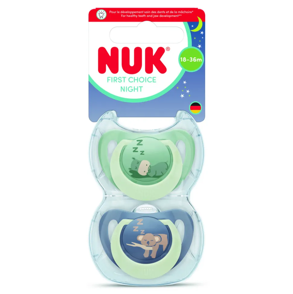 Lot de 2 sucettes nuit phosphorescentes first choice 18-36 mois hippo/koala
