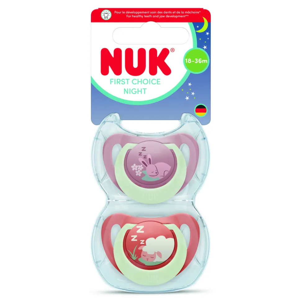 Lot de 2 sucettes nuit phosphorescentes first choice 18-36 mois lapin/mouton