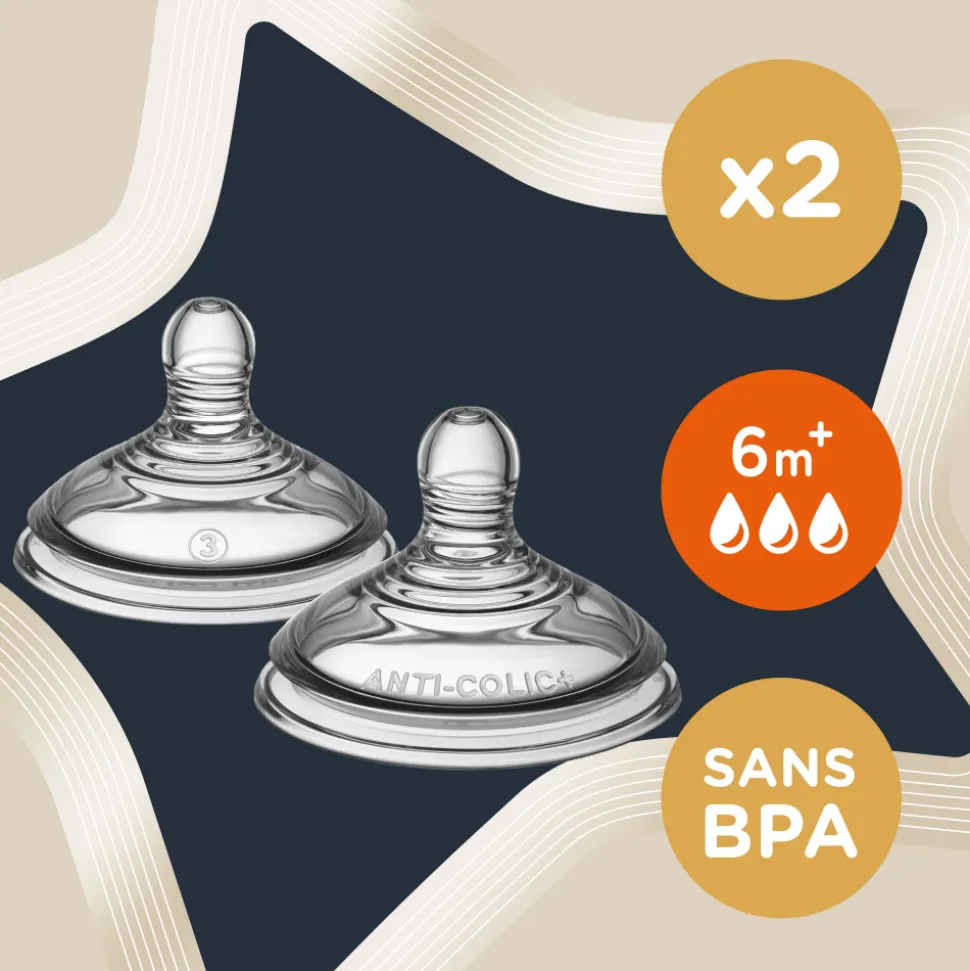 Lot de 2 tétines anti-coliques avancé débit rapide 6 mois et +