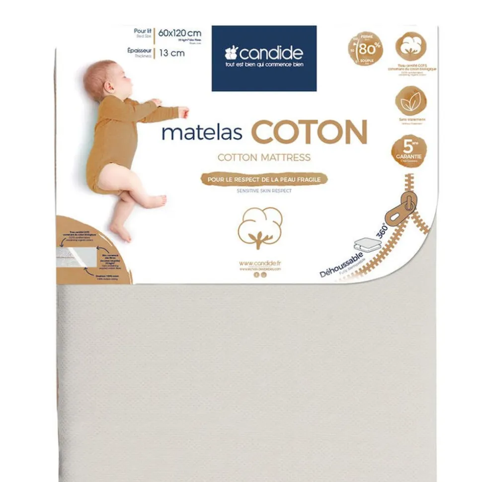 Matelas bébé coton déhoussable 60 x 120 cm