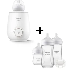 Pack chauffe biberon électrique scf358/00 + coffret 3 biberons natural response verre + 1 sucette scd878/11