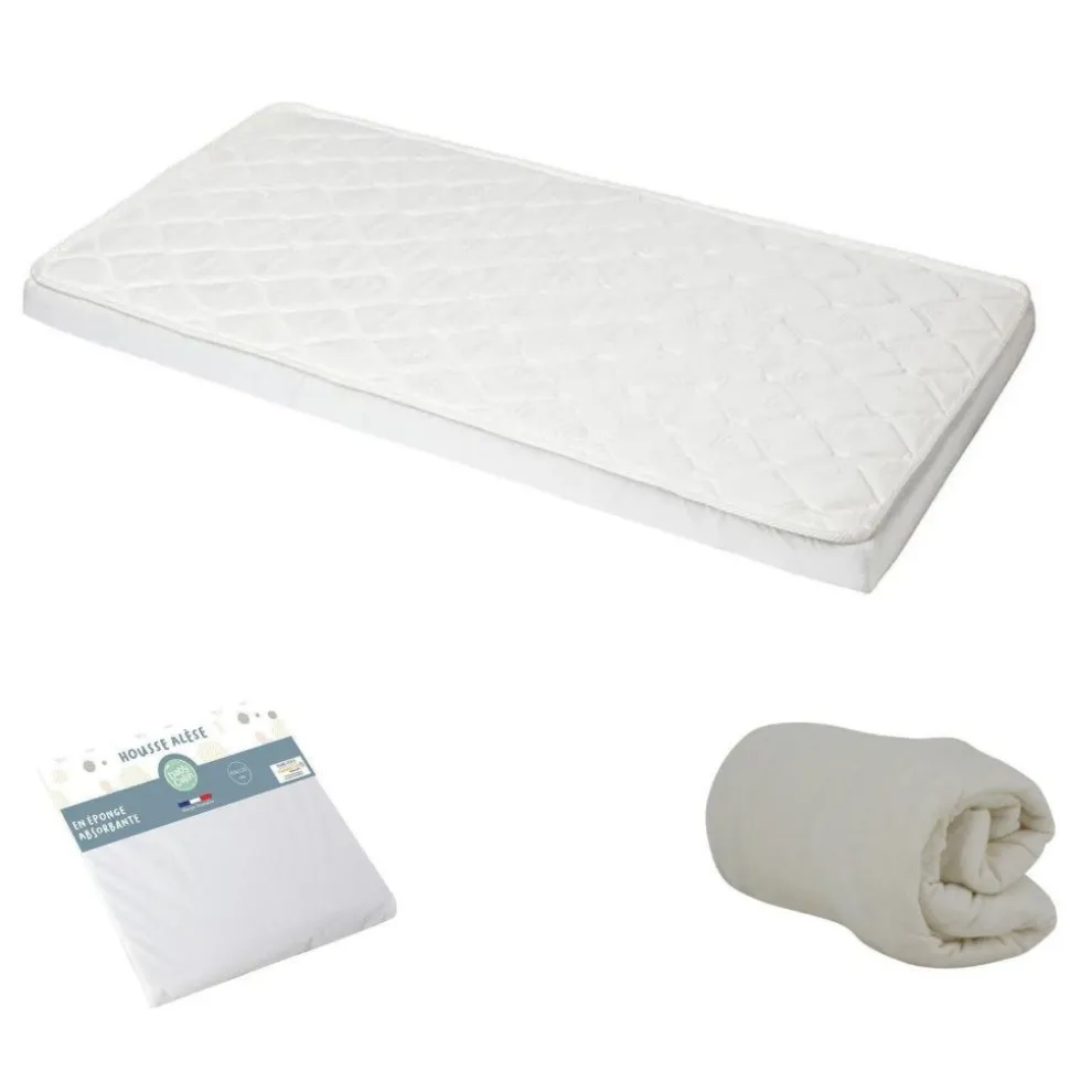 Pack matelas bébé climatisé + alèse blanc + drap housse blanc - 60 x 120 cm