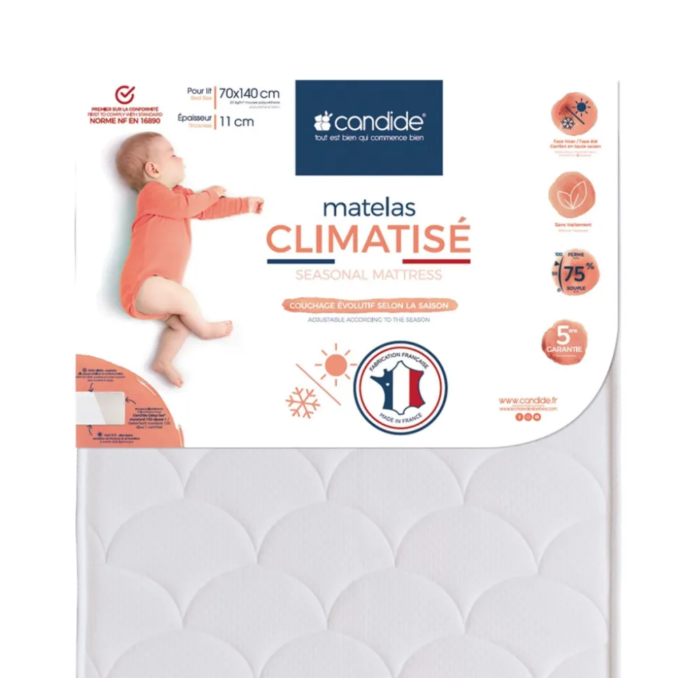 Pack matelas bébé climatisé + alèse blanc + drap housse blanc - 70x140 cm
