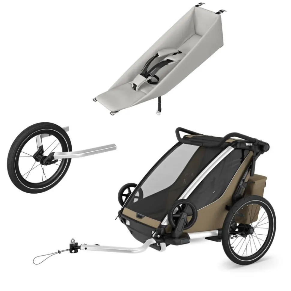 Pack remorque vélo chariot cross 2 faded khaki + assise pour nouveau-né infant sling + kit jogging