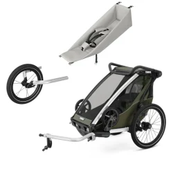 Pack remorque vélo chariot lite 1 place vintage green + assise pour nouveau-né infant sling + kit jogging
