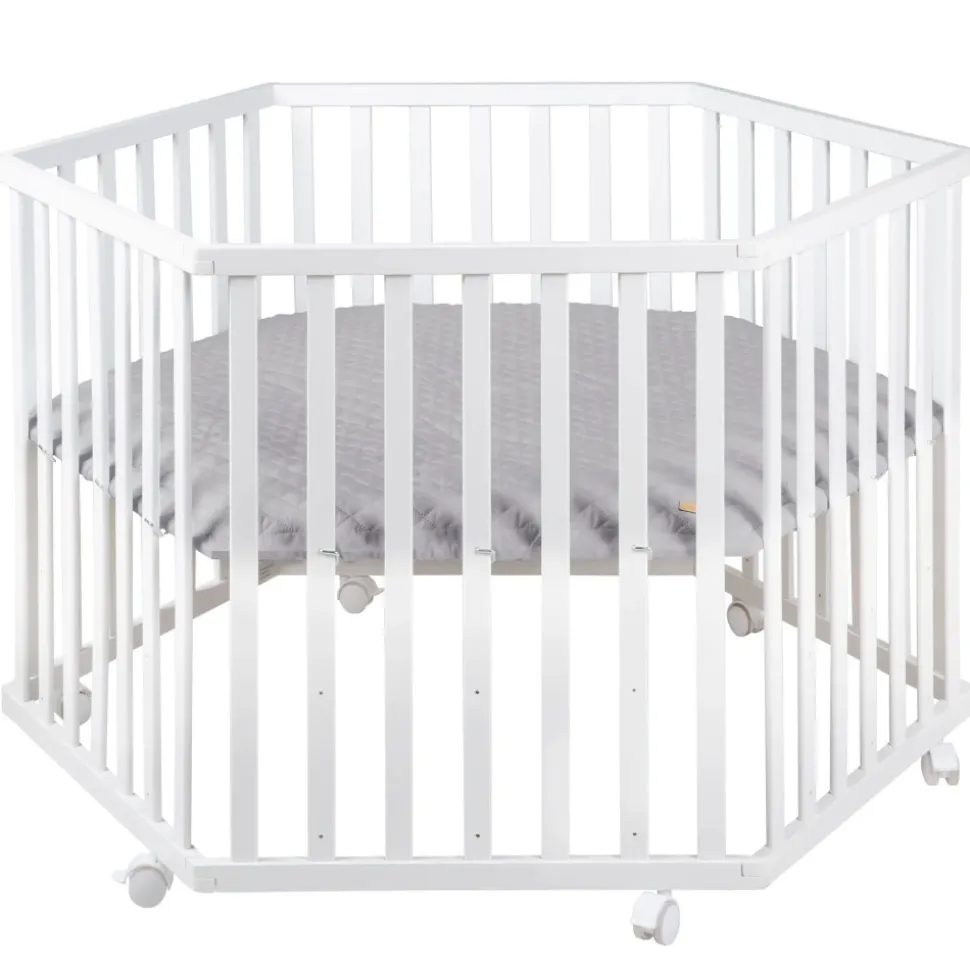 Parc bébé hexagonal sur roulettes bois blanc et tapis de parc gris