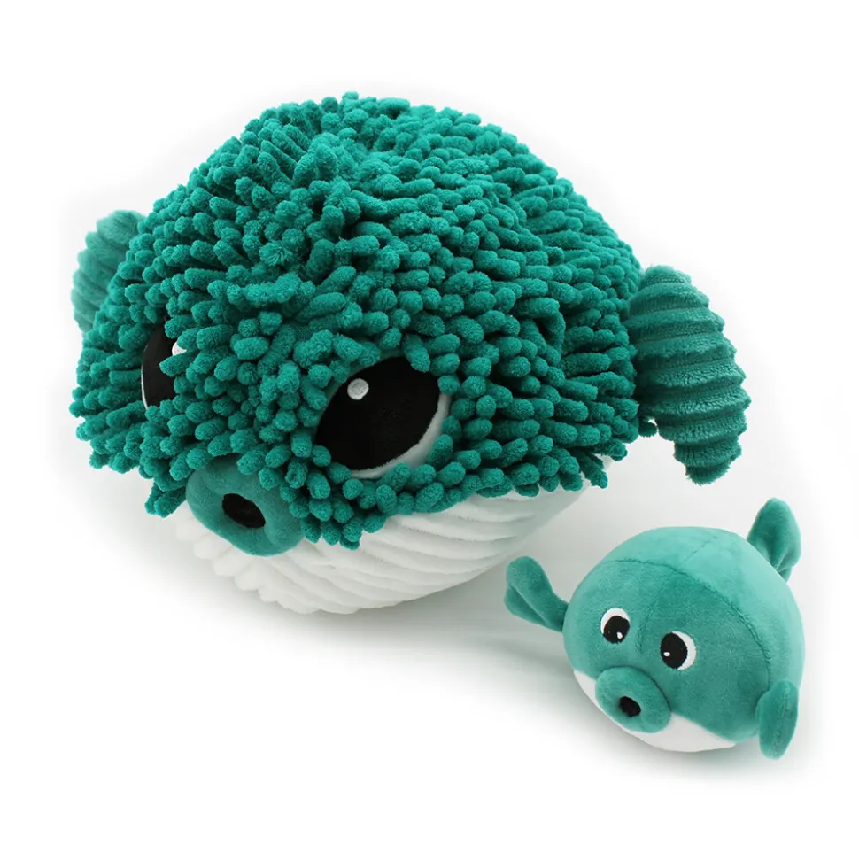 Peluche géante les ptipotos poisson globe et son bébé gobetou vert