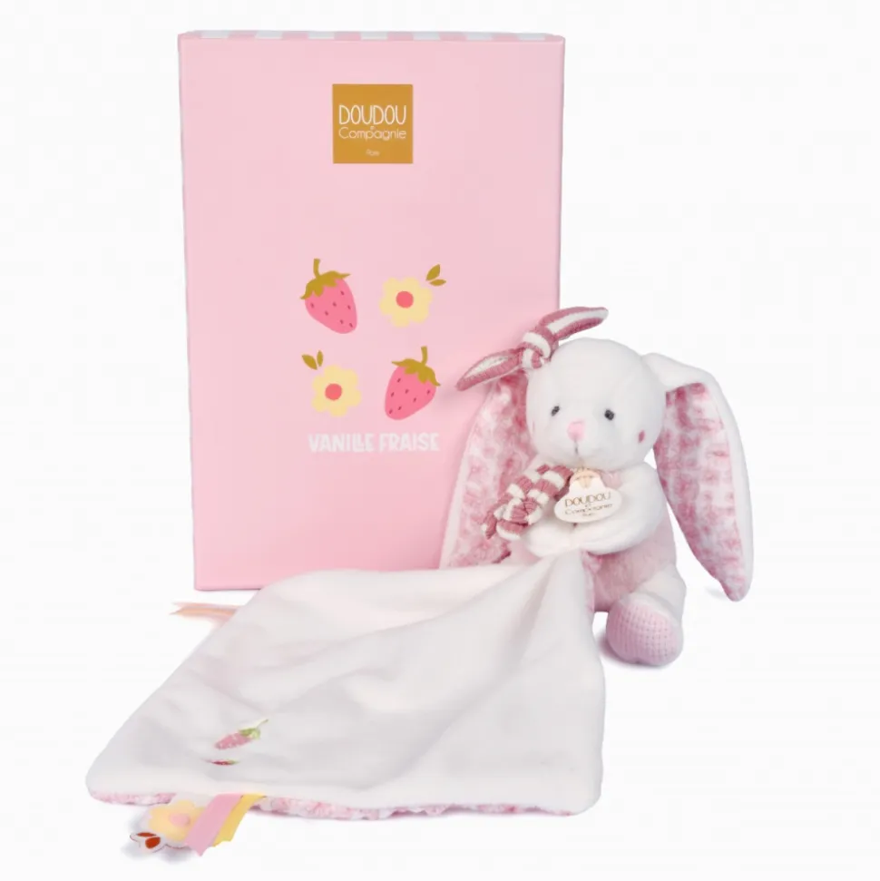 Peluche pantin lapin avec doudou 10 cm vanille fraise