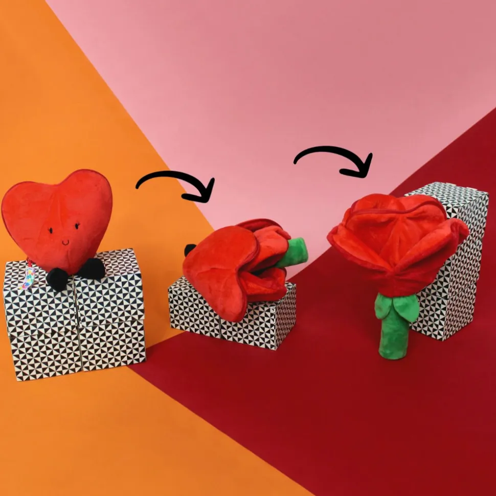 Peluche réversible flipetz coeur et fleur rouge coquelicot