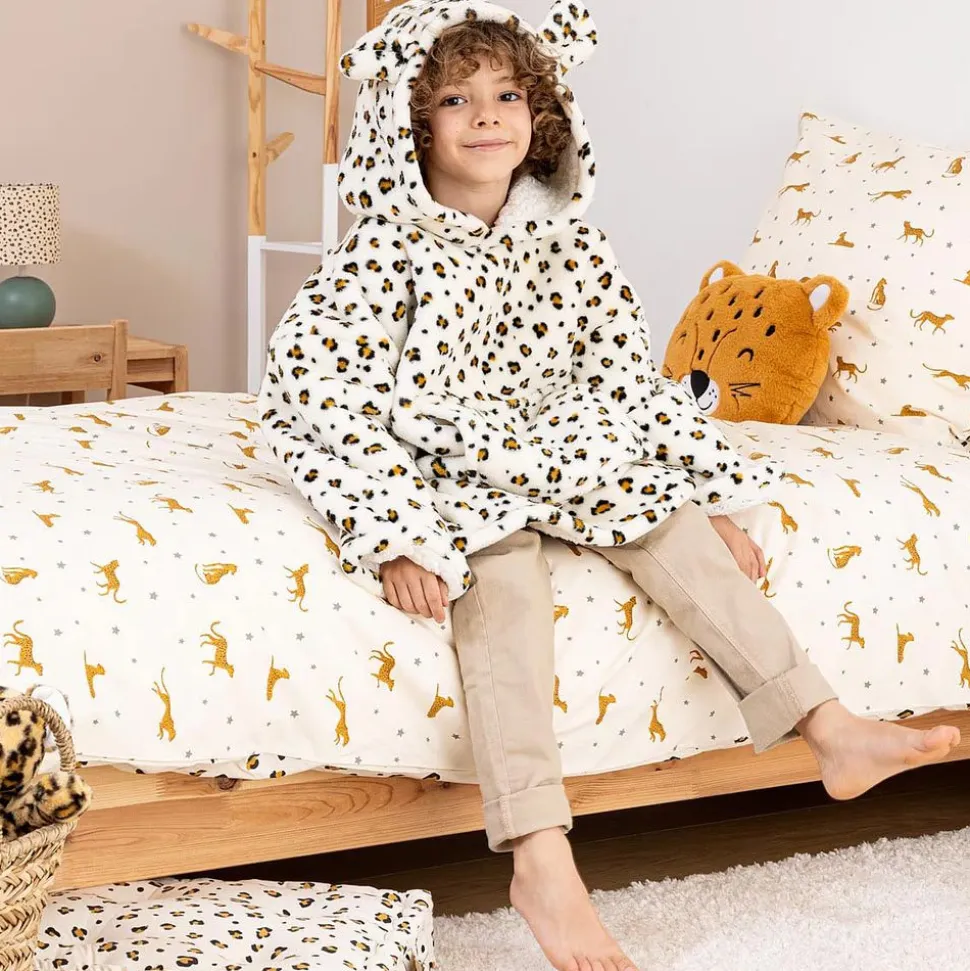 Poncho à capuche léopard flanelle