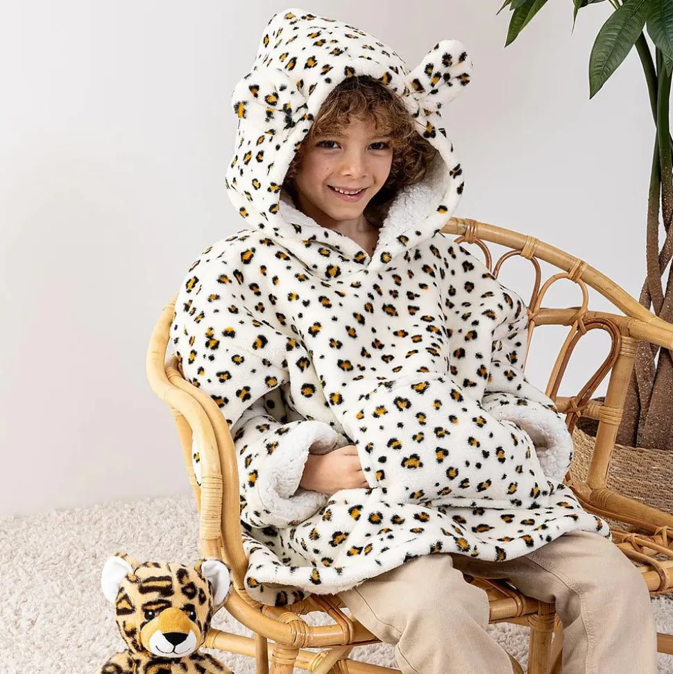 Poncho à capuche léopard flanelle