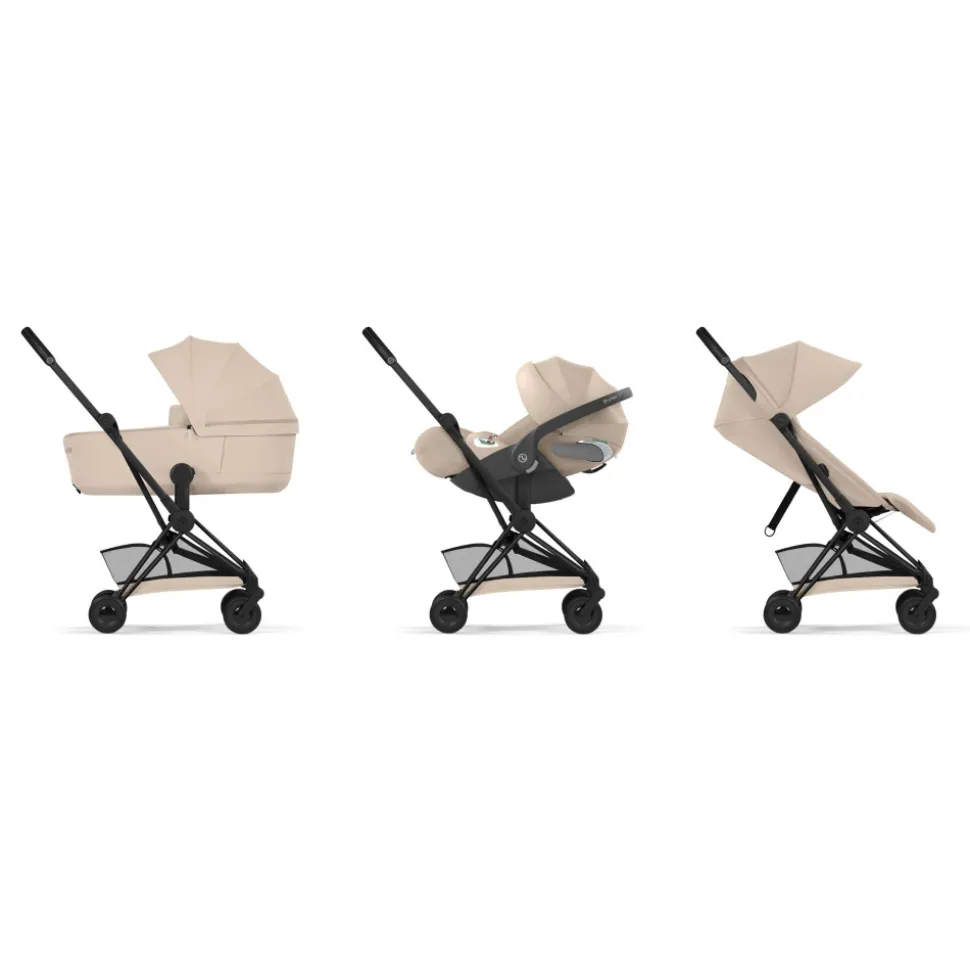Poussette duo compacte coya 2 avec nacelle pliable châssis matt black cozy beige