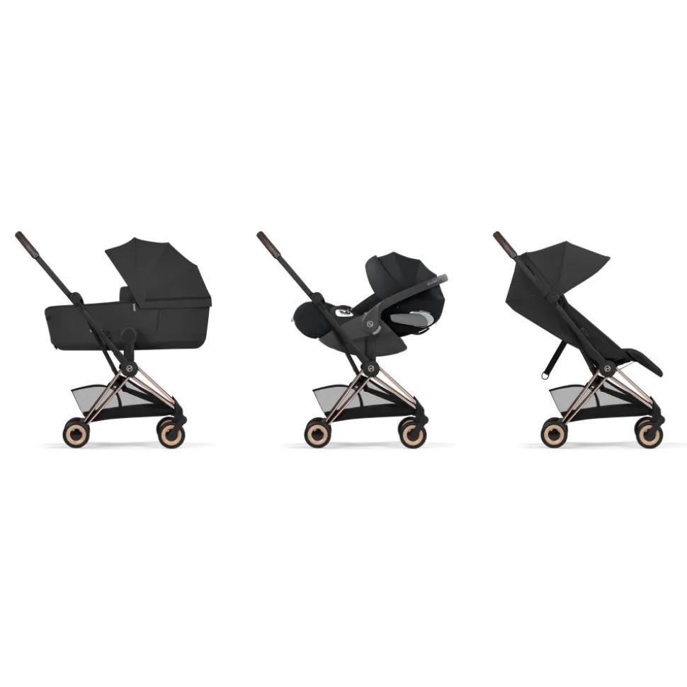 Poussette duo compacte coya 2 avec nacelle pliable châssis rosegold sepia black