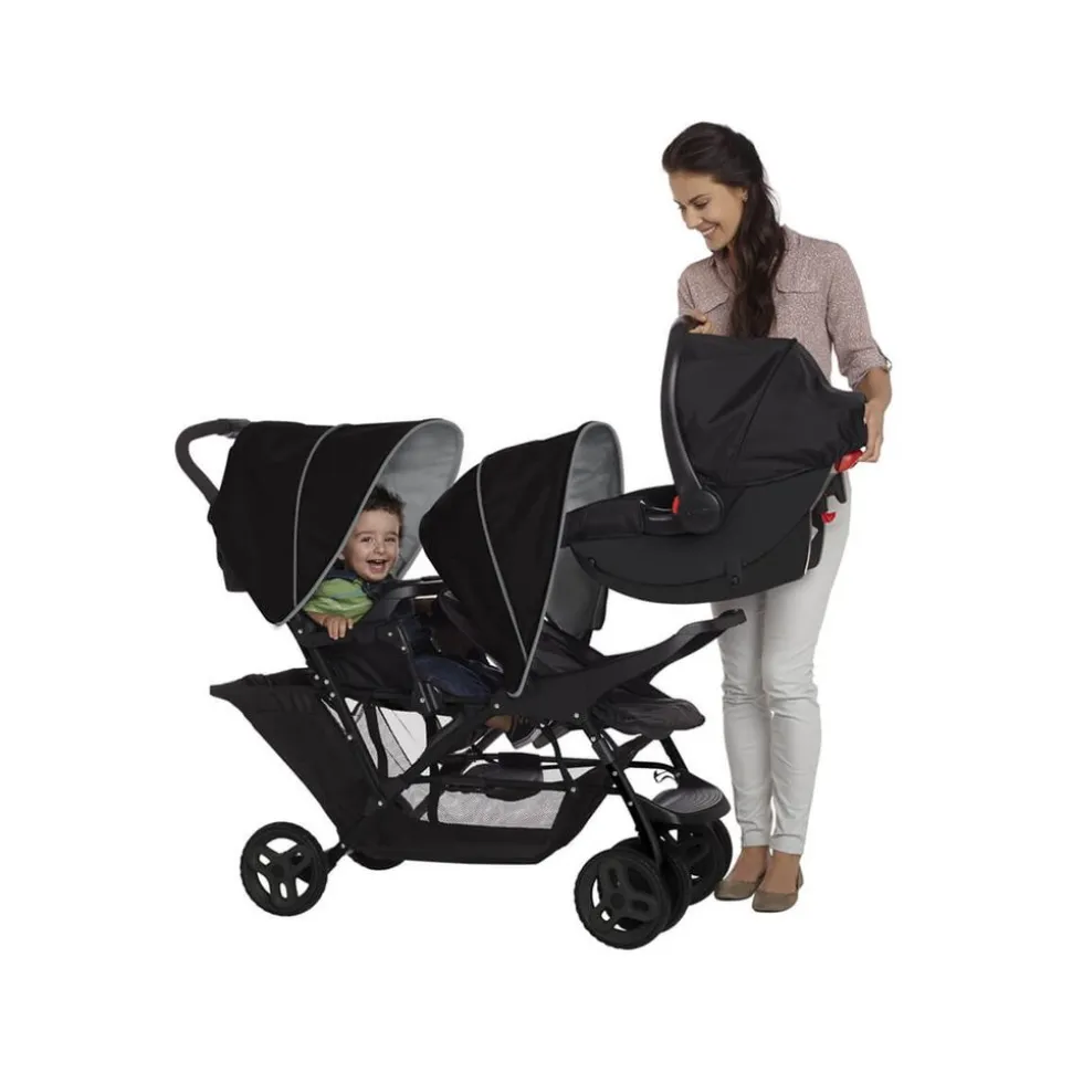 Poussette duo stadium double black grey + 2 sièges auto snugessentials midnight