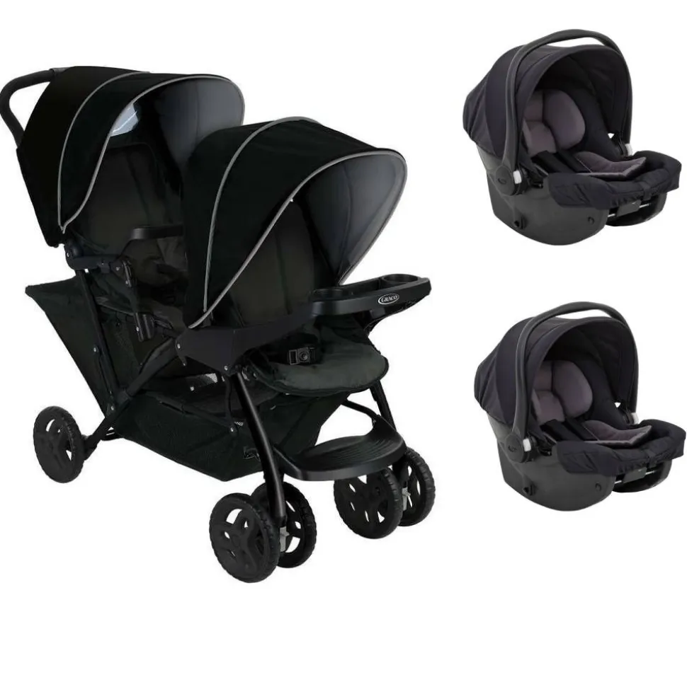 Poussette duo stadium double black grey + 2 sièges auto snugessentials midnight