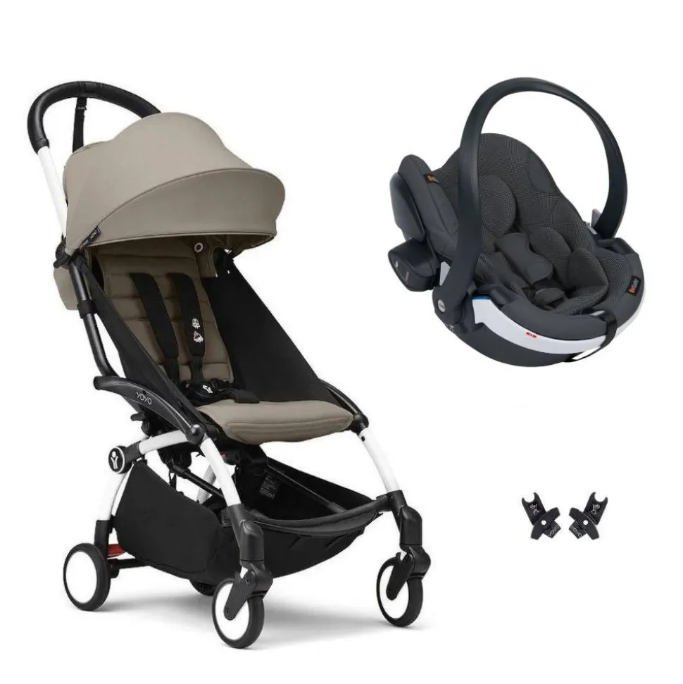 Poussette duo yoyo 3 - châssis blanc pack 6+ et siège auto izi go modular x2 by besafe taupe