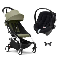 Poussette duo yoyo 3 pack 6+ et siège auto aton b2 black - chassis blanc - olive