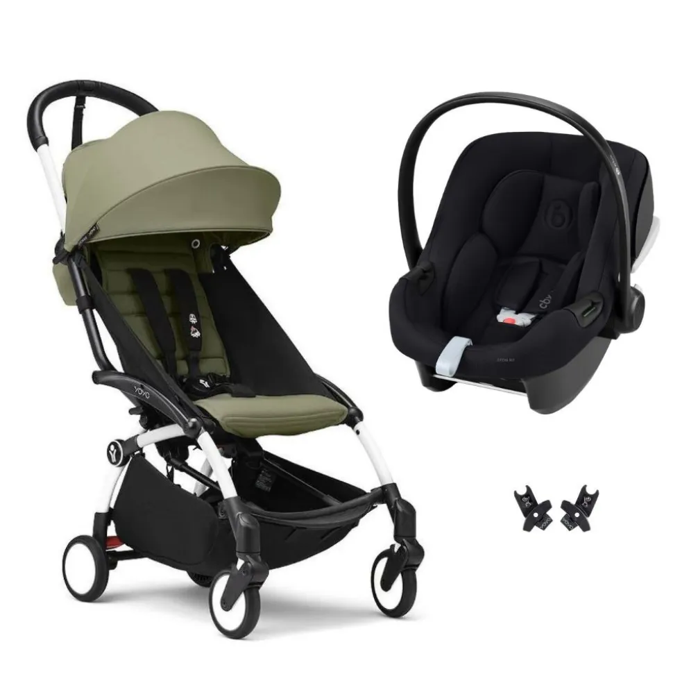 Poussette duo yoyo 3 pack 6+ et siège auto aton b2 black - chassis blanc - olive
