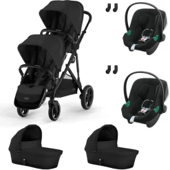Poussette jumeaux gazelle s moon black + 2 sièges auto aton b2 i-size + 2 nacelles s