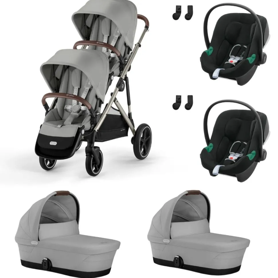 Poussette jumeaux gazelle s stone grey + 2 sièges auto aton b2 i-size + 2 nacelles s