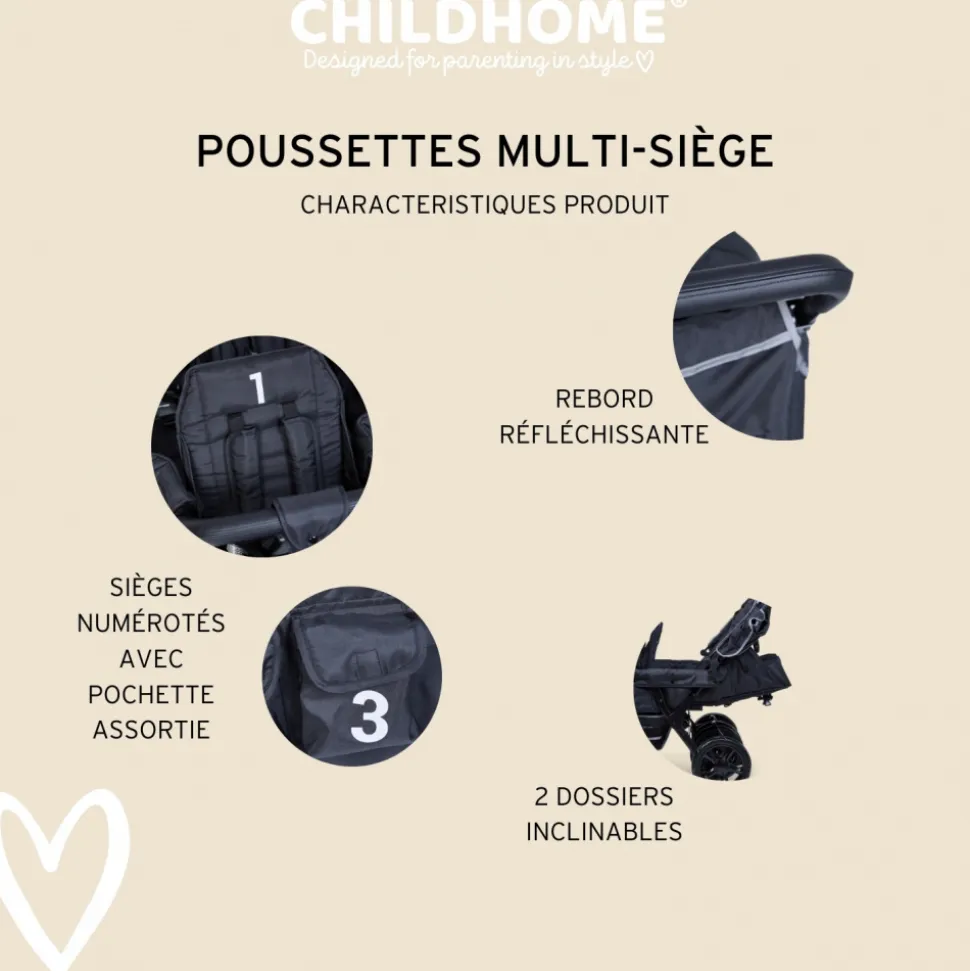 Poussette 3 places noire