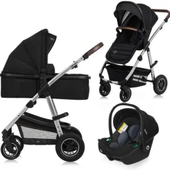Poussette trio amber + nacelle + coque black silver