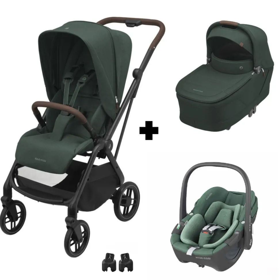 Poussette trio leona 2 + siège auto pebble 360 + nacelle sense green