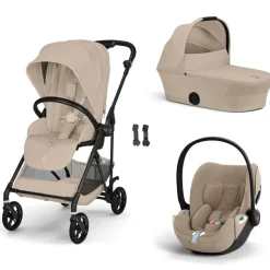 Poussette trio melio carbon 6 almond beige avec siège auto cloud t i-size tissu plus et nacelle