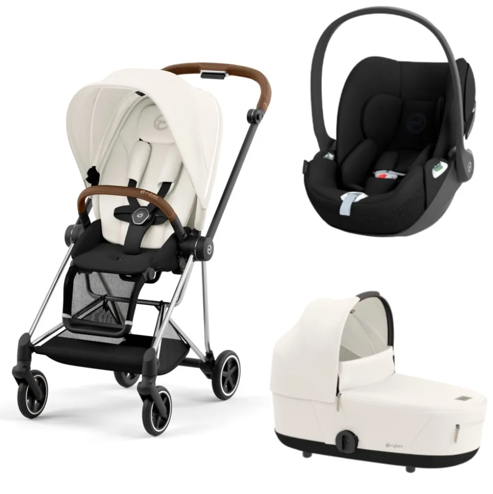 Poussette trio mios 3 off white châssis chrome brown + cloud t i-size + nacelle luxe