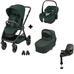 Poussette trio oxford + siège auto pebble 360 pro 2 + nacelle sense twillic green + base familyfix 360 pro