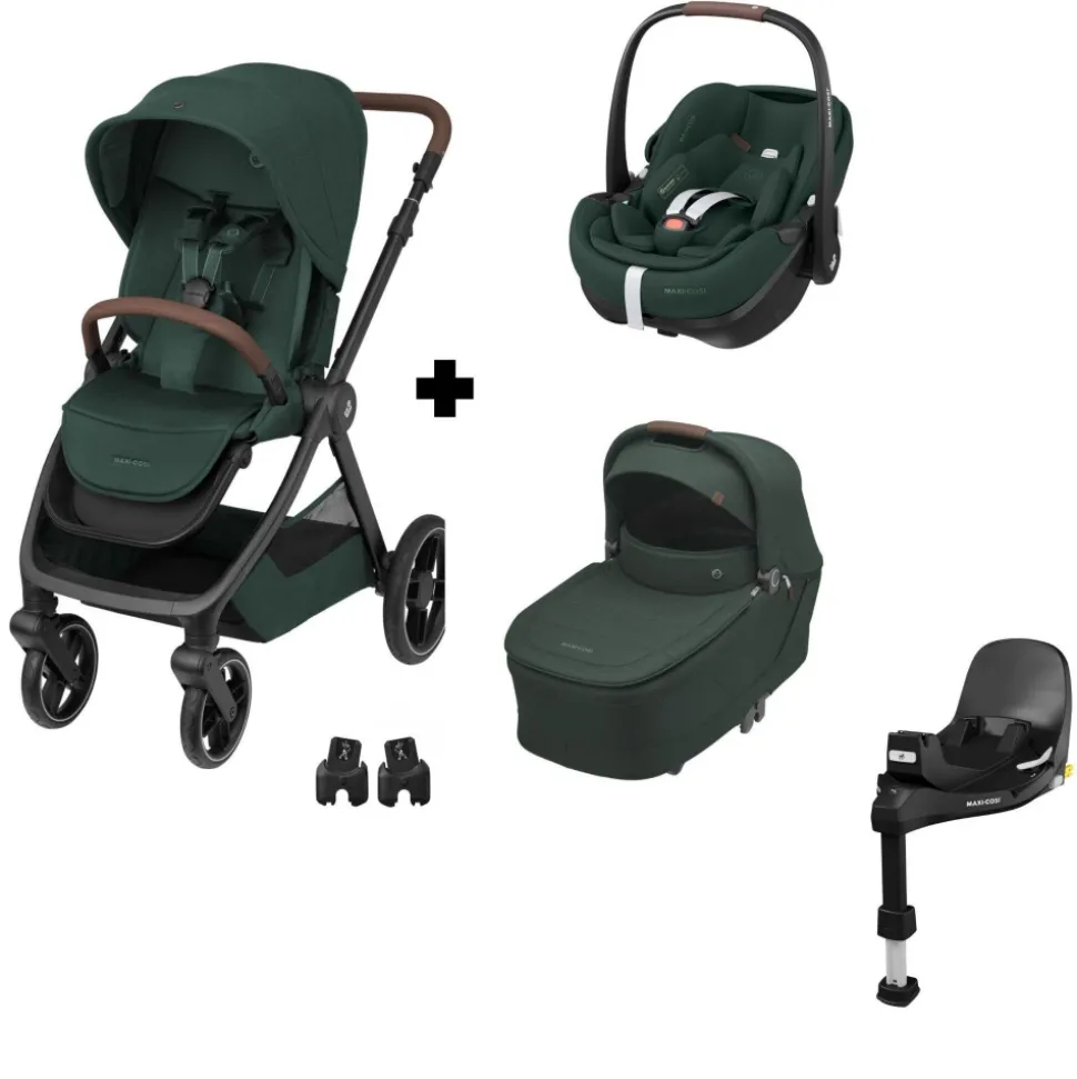 Poussette trio oxford + siège auto pebble 360 pro 2 + nacelle sense twillic green + base familyfix 360 pro