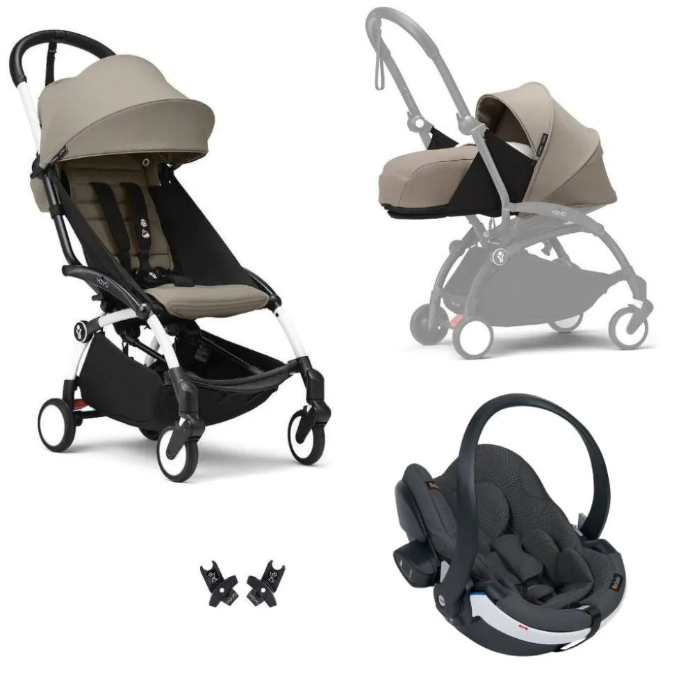 Poussette trio yoyo 3 - châssis blanc pack 0+ & 6+ taupe + siège auto izi go modular x2 by besafe
