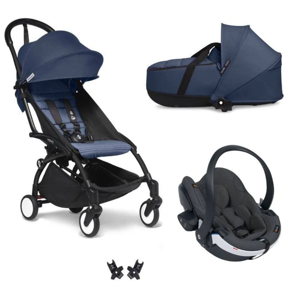 Poussette trio yoyo 3 - châssis noir pack 6+ siège auto izi go modular x2 by besafe + nacelle bleu air france