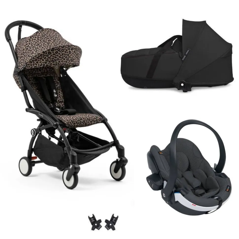 Poussette trio yoyo 3 - châssis noir pack 6+ siège auto izi go modular x2 by besafe + nacelle léopard / noir
